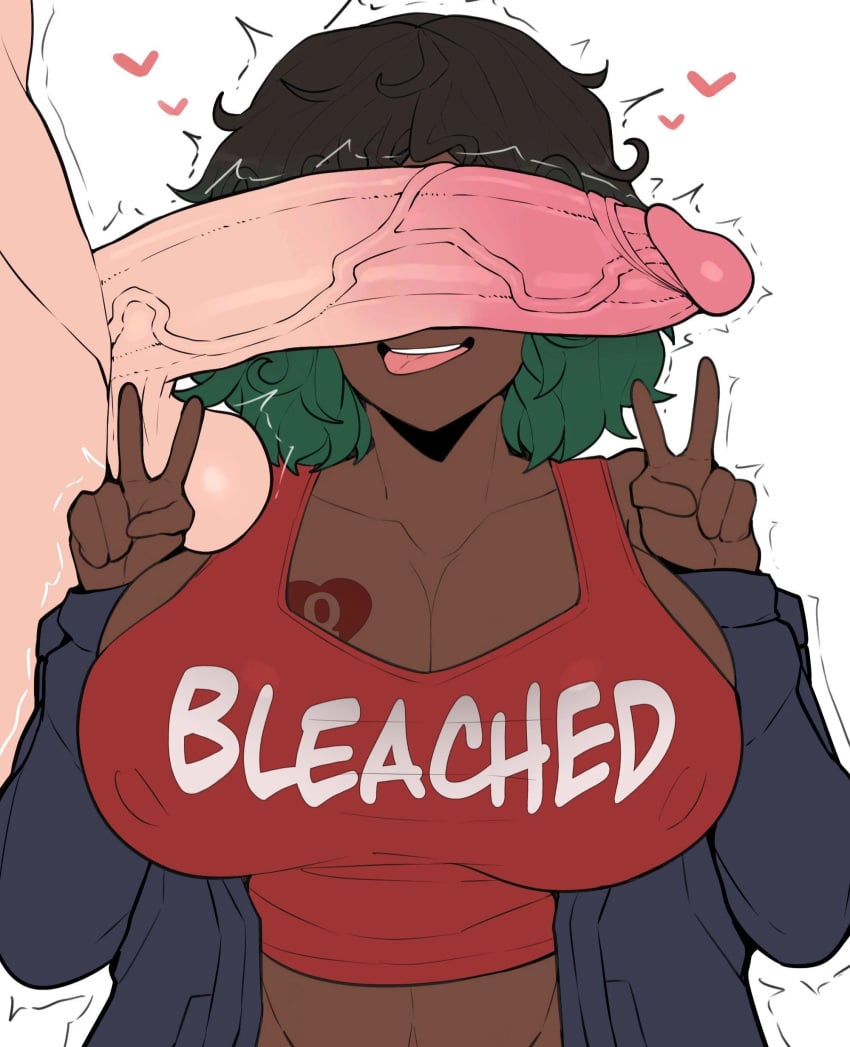 2d artist_request big_breasts big_penis bleached cant_see_the_haters dark-skinned_female dark_skin dyed_hair edit horu huge_breasts huge_cock interracial light-skinned_female light_skin original_character peace_sign penis_on_face queen_of_hearts raceplay tank_top tattoo third-party_edit tounge_out
