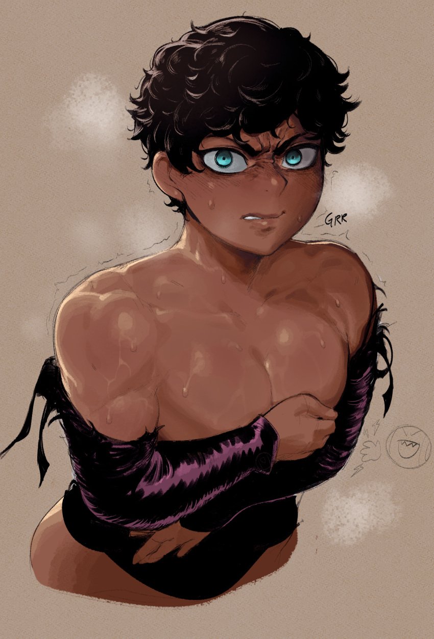 1boy angry angry_face athletic black_hair blue_eyes covered_nipples covering curly_hair dark-skinned_femboy dark-skinned_male dark_hair dark_skin delicious_in_dungeon dungeon_meshi femboy human kabru krekk0v looking_at_viewer male male_only muscular ripped_clothing solo solo_focus solo_male sweat sweatdrop sweating tagme toned toned_male torn_clothing trap