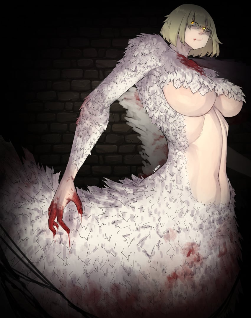 1girls big_breasts blood breasts breasts_outside chimera dungeon_meshi falin_touden falin_touden_(chimera) feathers female light-skinned_female light_skin limn044 underboob