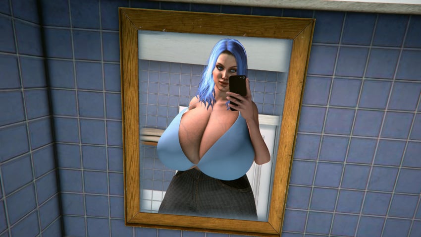 3d 3d_(artwork) big_breasts blue_hair bra breasts freckles giantess huge_breasts mini_giantess sfm source_filmmaker tall_female veins veiny_breasts zoey_(left_4_dead)