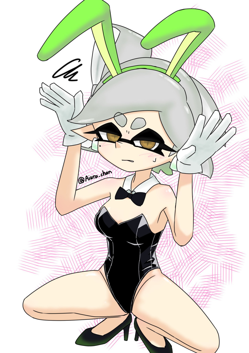 aiura_chan bunny_ears bunnysuit high_heels inkling marie_(splatoon) nervous_sweat slav_squat splatoon squatting unhappy