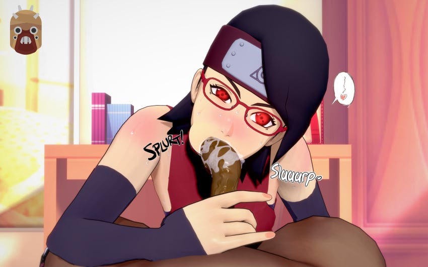 1boy 1girls black_body blowjob blowjob_face blowjob_only boruto:_naruto_next_generations clothing cum cum_in_mouth dark-skinned_male dark_skin drinking drinking_cum face_fucking glasses interracial naruto naruto_(series) oral_sex pupils sarada_uchiha tusken77