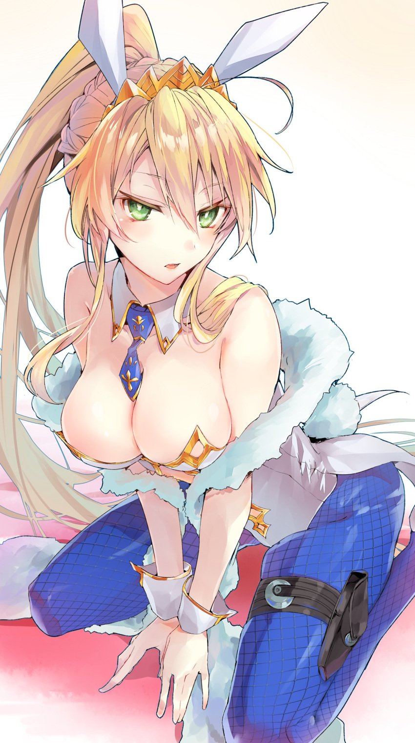 1girls absurd_res absurdres artoria_pendragon_(fate) bare_chest bare_hands bare_shoulders bare_skin blonde_eyebrows blonde_female blonde_hair blonde_hair_female blue_legwear blue_necktie blue_pantyhose blue_stockings breasts bunny_ears bunny_tail bunnygirl bunnygirl_outfit bunnysuit busty cleavage collar dot_nose eyebrows_visible_through_hair fate/grand_order fate_(series) female female_focus female_only fingernails fingers fishnet_legwear fishnet_pantyhose fishnets full_body gradient_background green_eyes green_eyes_female hair_between_eyes hairband hand_on_floor hand_on_ground head_tilt high_resolution highres knees large_breasts legs legwear leotard light-skinned_female light_skin long_hair looking_at_viewer necktie on_knees open_mouth pantyhose parted_lips ponytail shoulders simple_background sitting sitting_on_floor sitting_on_ground sitting_on_knees slender_body slender_waist slim_girl slim_waist solo thick_thighs thighs thin_waist tilted_head tomozero tongue white_background white_bunny_ears white_bunnygirl_costume white_bunnysuit white_collar white_hairband white_leotard white_pupils white_wrist_cuffs wrist_cuffs