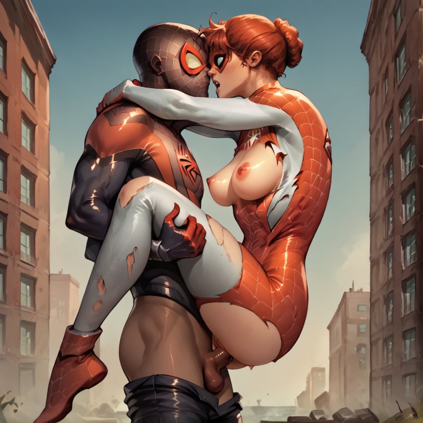 1boy 1boy1girl 1girl ai_generated breasts breasts_out building buildings costume_damaged hands_around_neck interracial interracial_sex legs_lift legs_lifted legs_up looking_at_another looking_at_each_other looking_at_partner marvel marvel_comics mary_jane_watson miles_morales open_mouth outdoor_sex outdoors pants_down penis_in_pussy spider-man spider-man_(series) spinneret_(mary_jane_watson) superhero superhero_costume superheroine themerchant69 windows