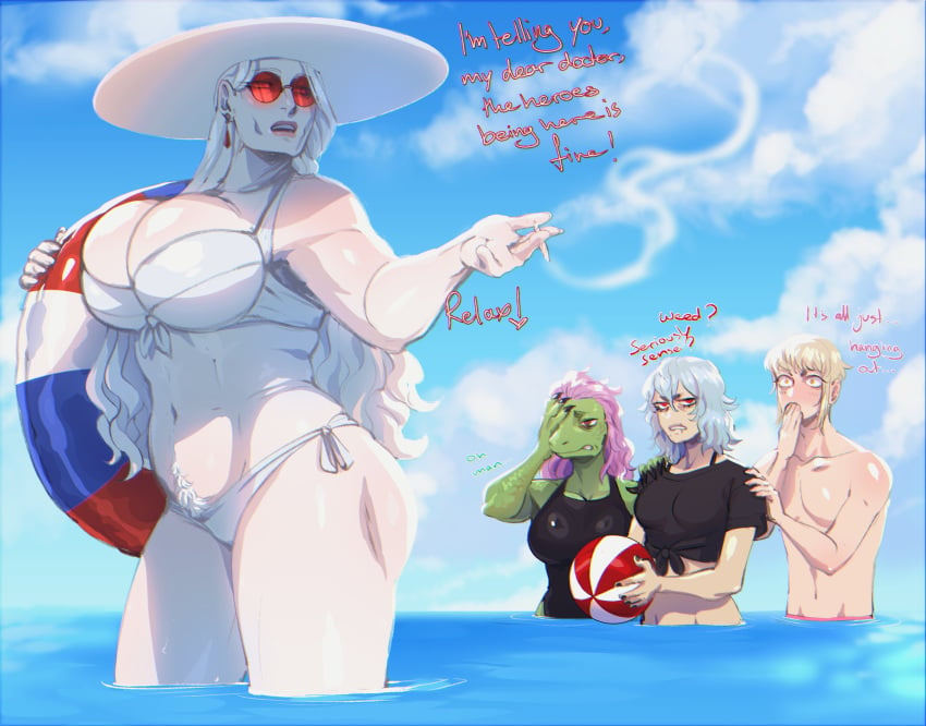 1boy 1boy3girls 3girls 3girls1boy all_for_one beach bikini bikini_bottom bikini_top blackberrehart blonde blonde_hair blue_hair cigarette cleavage genderbend genderswap genderswap_(ftm) genderswap_(mtf) himiko_toga iguchi_shuuichi lizard lizard_girl lizard_humanoid long_hair milf my_hero_academia older older_female pink_hair pubic_hair pubic_hair_peek red_eyes rule_63 scalie short_hair smoking spinner_(my_hero_academia) sunglasses swimsuit tomura_shigaraki white_hair