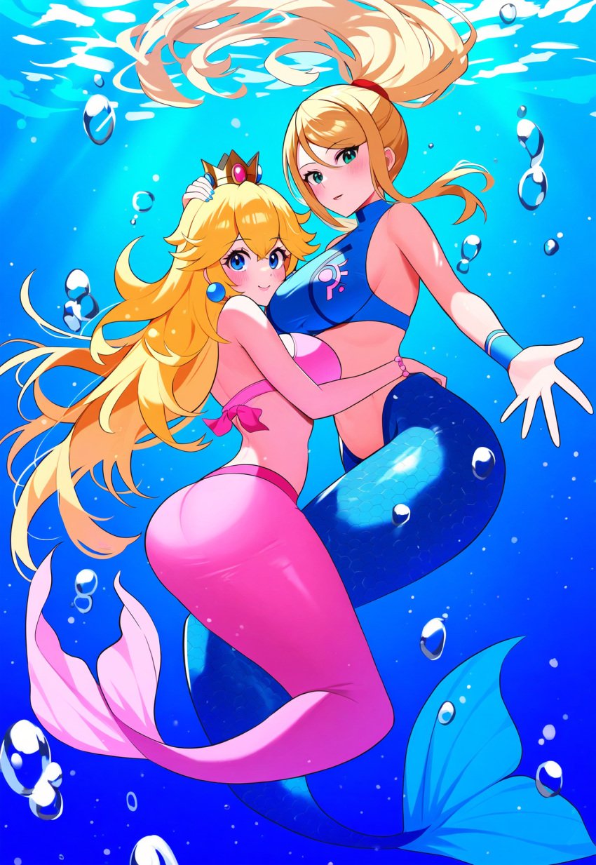 2020s 2_mermaids 2girls 5_fingers ai_generated alternate_species big_breasts bikini_top blonde_hair blue_tail breasts crossover female female/female female_only horse_tail humanoid long_hair looking_at_viewer mario_(series) mermaid mermaid_only mermaid_tail metroid nintendo ocean png princess_peach samus_aran sea super_smash_bros. tail underwater water yuri