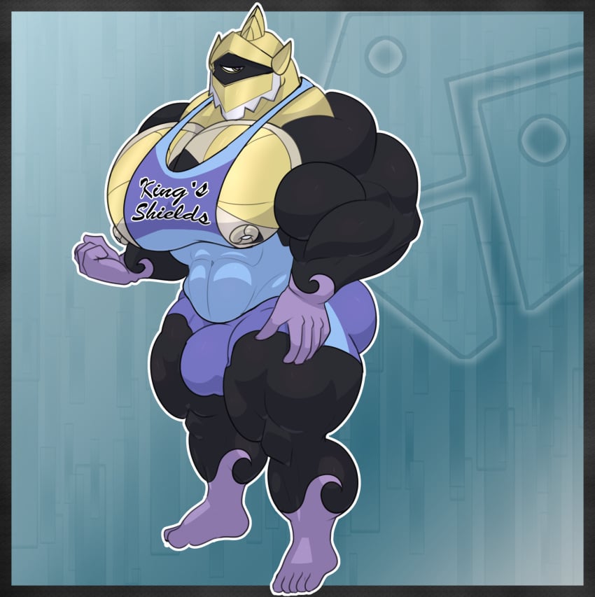 1_eye 5_fingers 5_toes abs aegislash animate_inanimate anthro armor ass athletic athletic_anthro athletic_male athletic_wear biceps big_muscles bottomwear bulge clothed clothing detailed_bulge digital_media_(artwork) english_text feet fingers full-length_portrait generation_6_pokemon genital_outline glowing glowing_eyes gym_bottomwear gym_shorts hand_on_hip headgear hi_res huge_muscles humanoid humanoid_feet hyper hyper_muscles knight knight_armor knight_helmet living_melee_weapon living_sword living_weapon looking_at_viewer male melee_weapon muscular muscular_anthro muscular_male nintendo nipples pecs penis_outline plantigrade pokemon pokemon_(species) portrait seaserpenttailor shield shirt shorts simple_background solo standing sword text text_on_clothing toes topwear warrior weapon