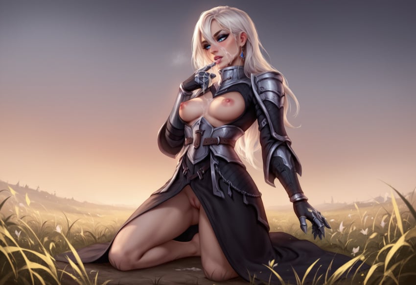 1girls after_sex aftermath ai_generated anaslex angelise_reiter armor armored_dress cum_on_face cum_on_hand earrings eating_cum exposed_breasts exposed_vagina final_fantasy hi_res kneeling licking_finger medium_breasts solo vagina