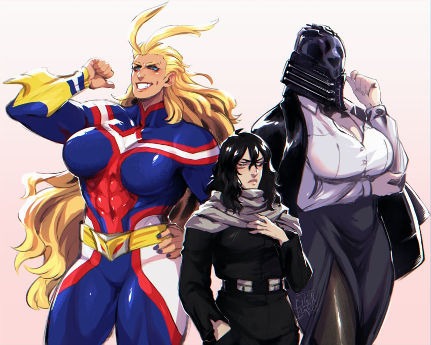 3girls all_for_one all_might black_hair blackberrehart blonde blonde_female blonde_hair blonde_hair_female buff clothed clothed_female eraserhead female_only genderswap genderswap_(mtf) helmet hero_outfit_(mha) heroine long_hair multiple_females multiple_girls muscle muscles muscular muscular_female my_hero_academia rule_63 safe safe_for_work shouta_aizawa suit suit_and_tie superheroine toshinori_yagi villainess