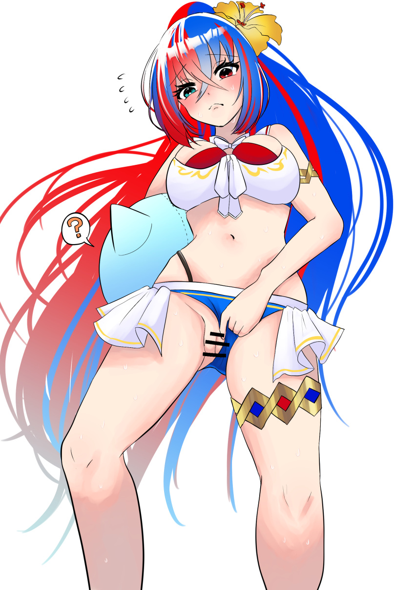 1girls ? alear_(female)_(fire_emblem) alear_(female)_(seaside_dragon)_(fire_emblem) alear_(fire_emblem) alternate_costume alternate_hairstyle ball bare_legs beach_ball bikini bikini_aside blue_bikini blue_eyes blue_hair blue_swimsuit breasts censored character_ball confusion female female_only fire_emblem fire_emblem_engage fire_emblem_heroes flower frown hair_between_eyes hair_flower heterochromia large_breasts legs long_hair multicolored_hair navel nintendo official_alternate_costume official_alternate_hairstyle ponytail pussy red_bikini red_eyes red_hair red_swimsuit solo sommie_(fire_emblem) speech_bubble swimsuit swimsuit_aside very_long_hair white_background white_bikini white_swimsuit y018627