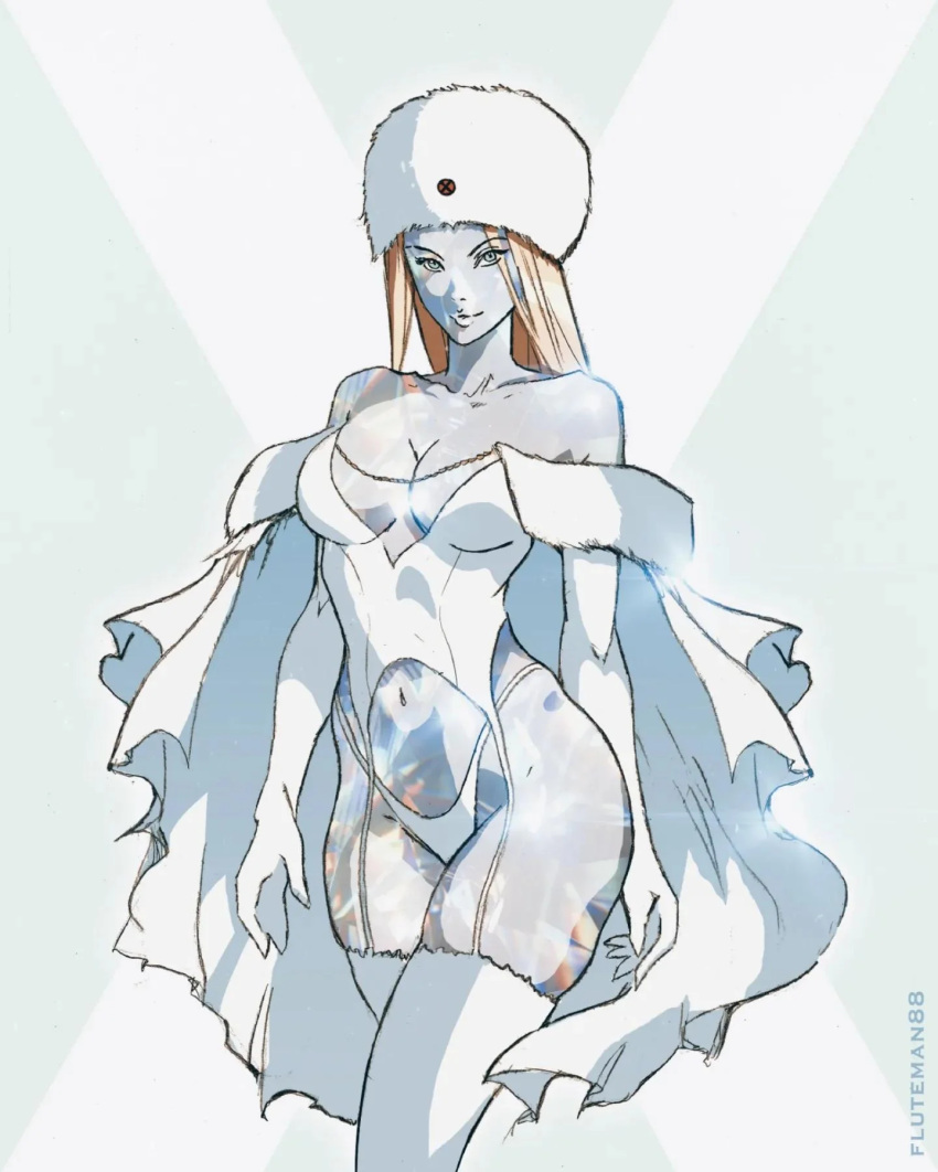 blonde_female blonde_hair blue_eyes breasts cleavage curvy curvy_figure diamond diamond_(gem) diamond_form emma_frost female female_only fluteman88 garter_straps large_breasts lingerie marvel marvel_comics snow_hat thick_thighs white_queen wide_hips x-men