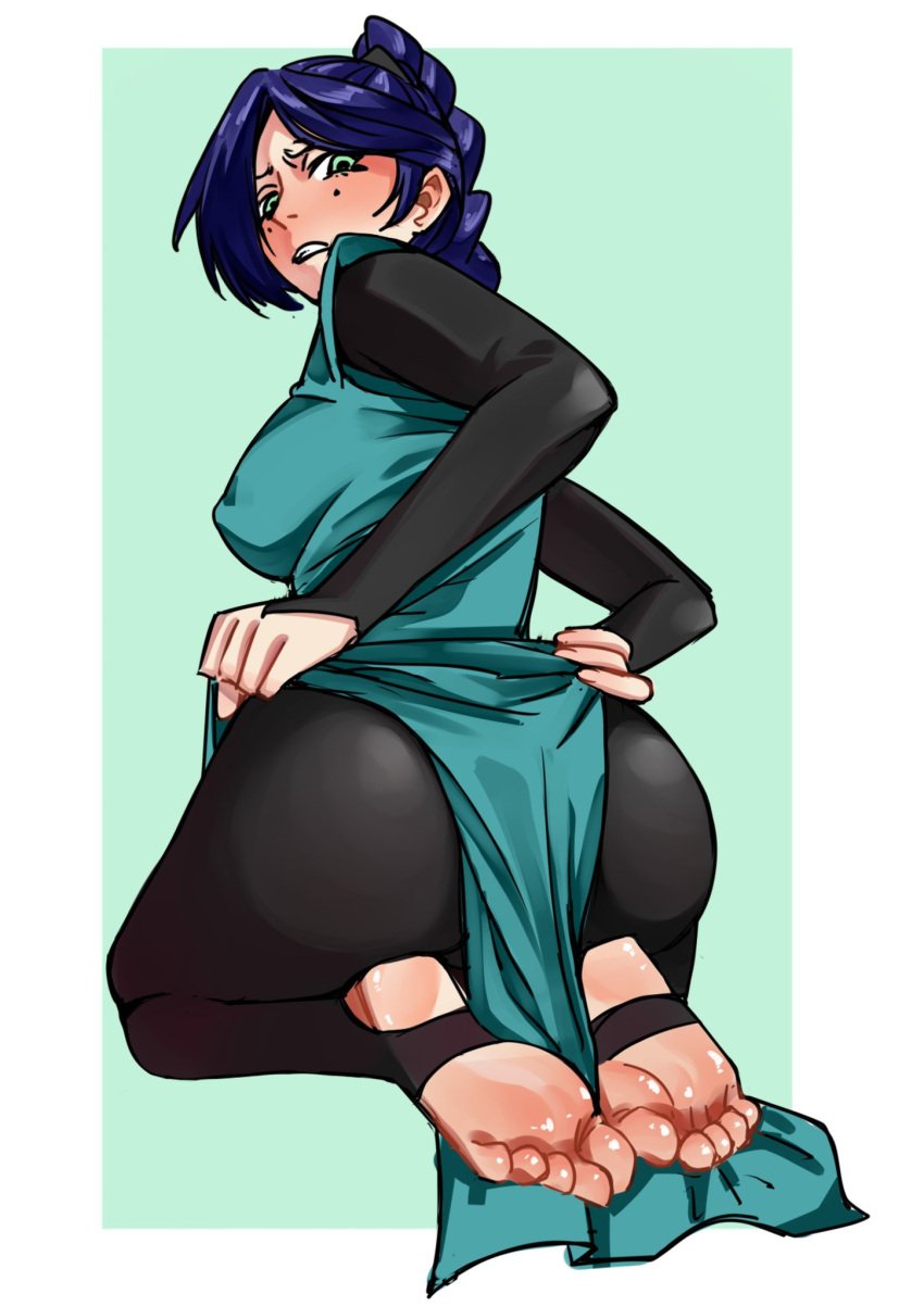 1girls ass ass_focus barefoot blue_hair blush butt_focus fat_ass fat_butt feet feet_focus female female_focus female_only foot_fetish foot_focus green_eyes only_female scissor_seven soles thick_thighs thirteen_(scissor_seven)