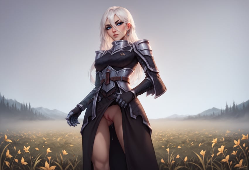 1girls ai_generated anaslex angelise_reiter armor armored_dress bare_legs belt blue_eyes dripping dripping_pussy earrings exposed_vagina final_fantasy gauntlets hair_between_eyes hi_res legs lifting_skirt pose posing pussy_juice ready_to_fuck seductive skirt_lift solo vagina waiting wet white_hair