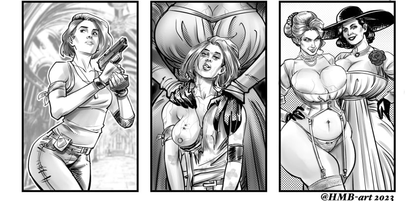 alcina_dimitrescu ass_expansion before_and_after bimbo bimbo_body bimbofication bimbofied bite_mark bite_marks breast_expansion comic corruption curvy enemy_conversion evil_smile garter_straps greyscale hmb hmb-art hourglass_expansion hourglass_figure huge_breasts jill_valentine large_ass lip_expansion necklace panties resident_evil resident_evil_8:_village thigh_expansion thighhighs transformation vampire