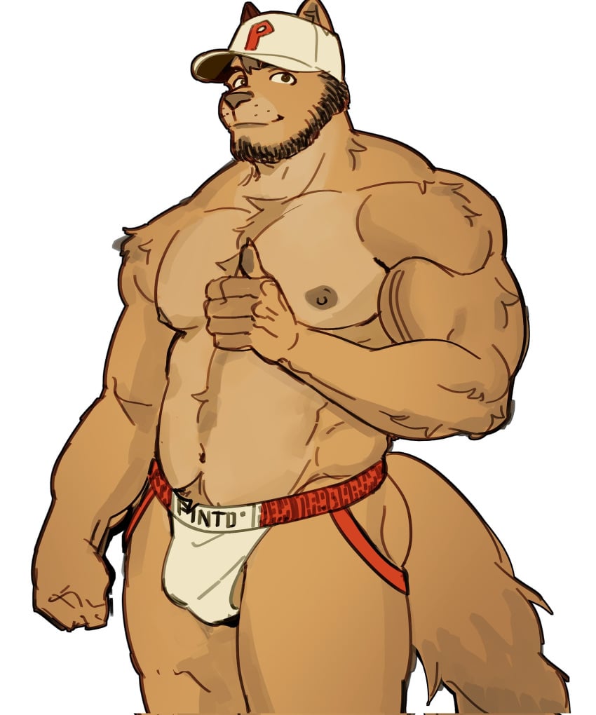 2024 abs anthro arm_tuft ass baseball_cap beard biceps body_hair brown_hair bulge canid canine chest_hair chest_tuft clothed clothing deltoids elbow_tuft facial_hair fist gesture grin hair hand_gesture happy_trail hat headgear headwear hi_res jockstrap jockstrap_only looking_at_viewer male mammal manly maruikito mature_male muscular navel nipples obliques pecs pubes shoulder_tuft simple_background smile solo standing thumbs_up topless triceps tuft underwear underwear_only white_background