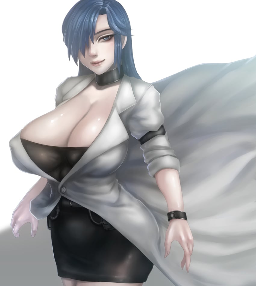 blue_hair breasts choker cleavage female hair_over_one_eye himoo_yuina large_breasts long_hair okai skirt solo standing tokimeki_memorial tokimeki_memorial_1