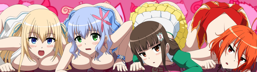 4girls absurdres amagi_brilliant_park ass black_hair blonde_hair blue_eyes blue_hair blush breast_press breasts breasts_out butt_crack female female_only green_eyes highres koborii_(amaburi) large_breasts legs long_hair looking_at_viewer multiple_girls muse_(amaburi) no_bra no_panties open_mouth orange_hair red_eyes salama_(amaburi) short_hair simple_background skirt skirt_lift sylphy_(amaburi) thighs top-down_bottom-up