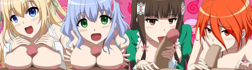 4girls absurdres amagi_brilliant_park areolae black_hair blonde_hair blue_eyes blue_hair blush breast_squeeze breasts breasts_out censored fellatio female green_eyes hair highres huge_cock koborii_(amaburi) large_breasts licking long_hair looking_at_viewer male mosaic_censoring multiple_females multiple_girls muse_(amaburi) nipples open_mouth oral orange_hair orgy paizuri penis red_eyes salama_(amaburi) short_hair simple_background smile straight sylphy_(amaburi) tongue