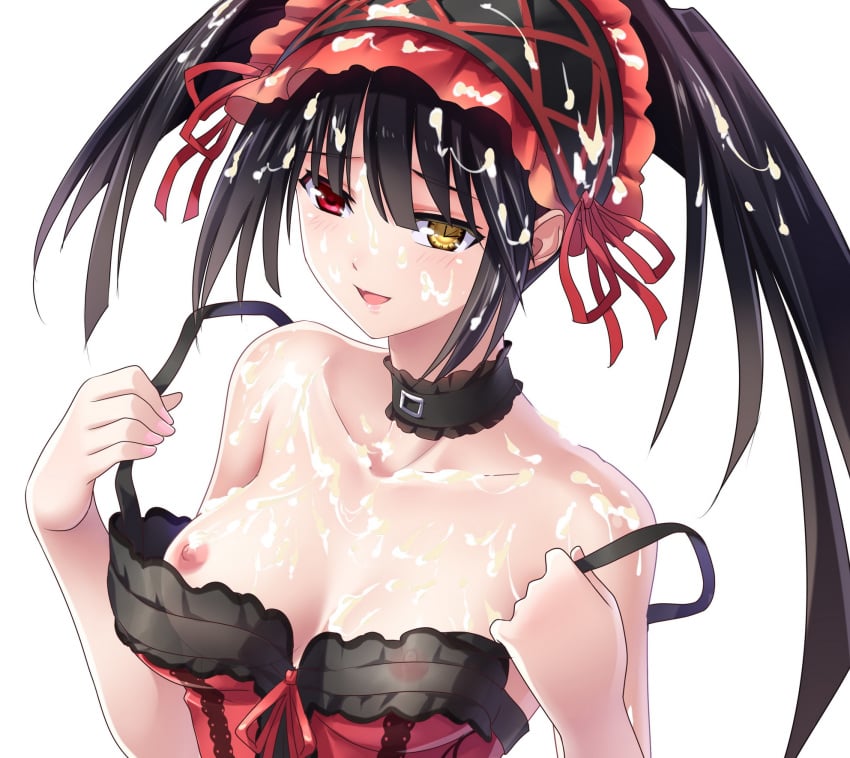 black_hair blush breast_slip breasts choker cleavage clock_eyes cum cum_on_body cum_on_breasts cum_on_hair cum_on_upper_body date_a_live heterochromia highres naughty_face nipples one_breast_out red_eyes silence smile tokisaki_kurumi undressing