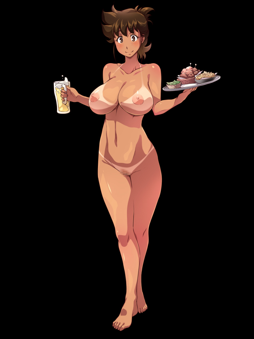 ajiyoshi_noriko areolae barefoot beer black_background blush breasts brown_eyes brown_hair censored cup feet female food highres huge_breasts legs looking_at_viewer milf mister_ajikko mosaic_censoring navel nightmare_express nipples nude onigiri_(ocelot) pussy short_hair simple_background smile solo standing tan tanline thighs toes tray