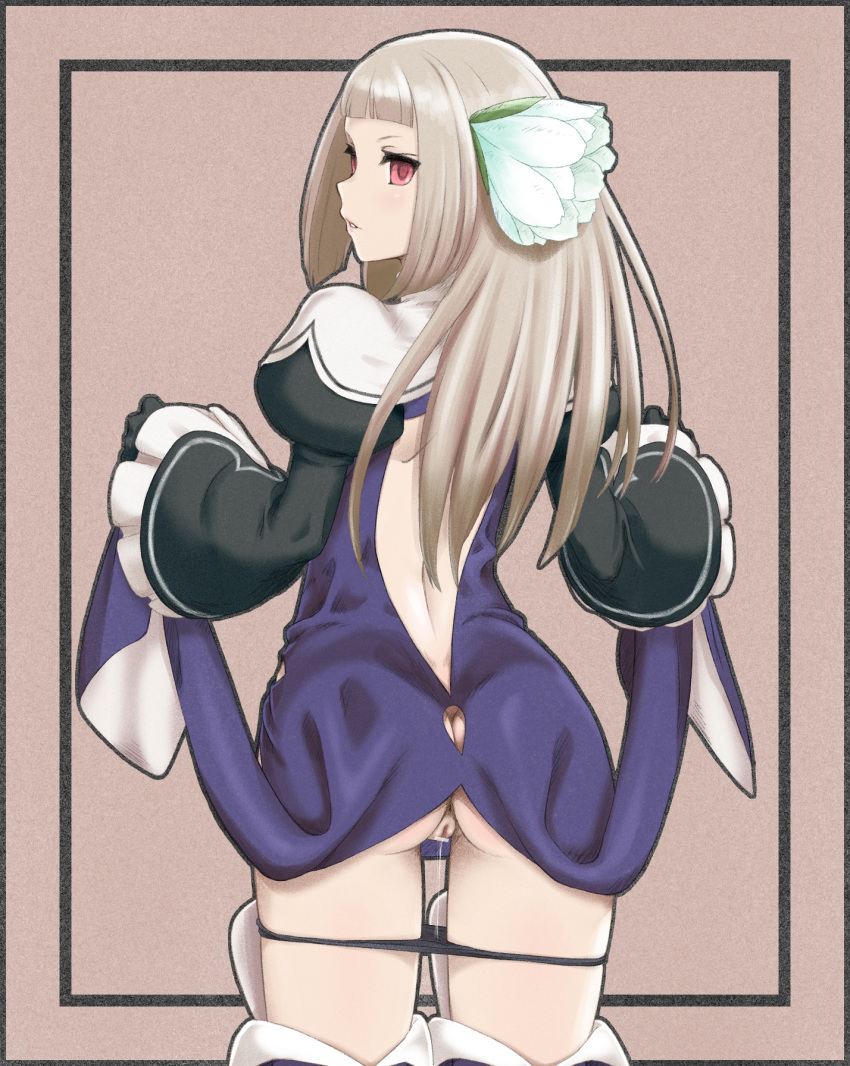 anus ass back_cutout bangs black_panties blonde_hair blunt_bangs bravely_default:_flying_fairy bravely_second cowboy_shot dress dress_lift female flower from_behind hair_flower hair_ornament highres hou_(hachiyou) long_hair looking_back magnolia_arch panties panty_pull pussy pussy_juice red_eyes simple_background solo underwear