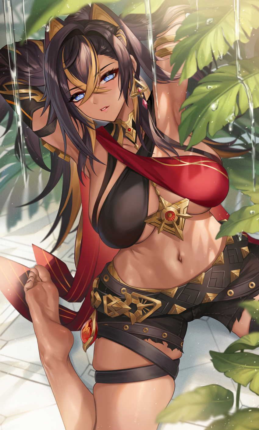 1girls absurd_res absurdres animal_ears armpit armpits arms_up big_breasts black_shorts blue_eyes breasts brown_skin busty cleavage clothed clothed_female clothing dark-skinned_female dark_skin dehya_(genshin_impact) feet female female_focus female_only fit fit_female genshin_impact gold_hair halter_top high_resolution highres hips huge_filesize kacyu kneeling large_breasts large_filesize long_hair looking_at_viewer midriff navel on_knees plant shaved_armpit shorts soles solo solo_female solo_focus stomach thick_thighs thighs toned toned_body toned_female toned_stomach two_tone_hair very_high_resolution vision_(genshin_impact) water