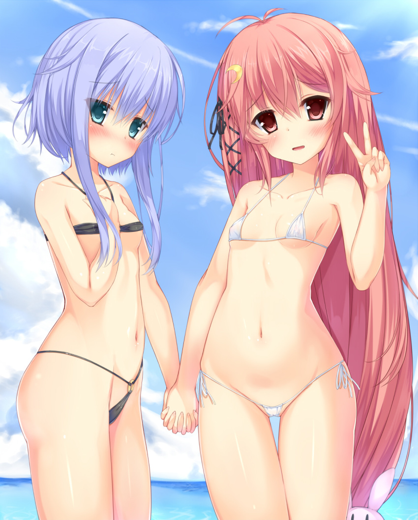 2girls antenna_hair bikini black_bikini blush breasts cloud cowboy_shot crescent_hair_ornament erect_nipples fujieda_uzuki hair_ornament hand_holding hand_on_own_chest highres kantai_collection long_hair looking_at_viewer micro_bikini multiple_girls navel open_mouth pink_eyes pink_hair pout purple_hair short_hair_with_long_locks side-tie_bikini sky small_breasts swimsuit thigh_gap uzuki_(kantai_collection) v very_long_hair white_bikini white_swimsuit yayoi_(kantai_collection)