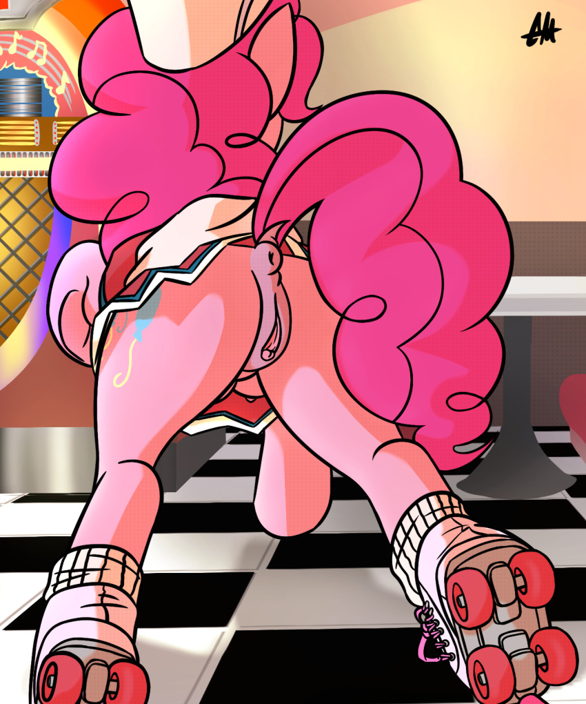 2015 anus ass caliginousmane clothing crotchboobs cutie_mark earth_pony equine female feral friendship_is_magic hair hat horse jukebox mammal my_little_pony pink_hair pinkie_pie_(mlp) pony pussy roller_skates solo