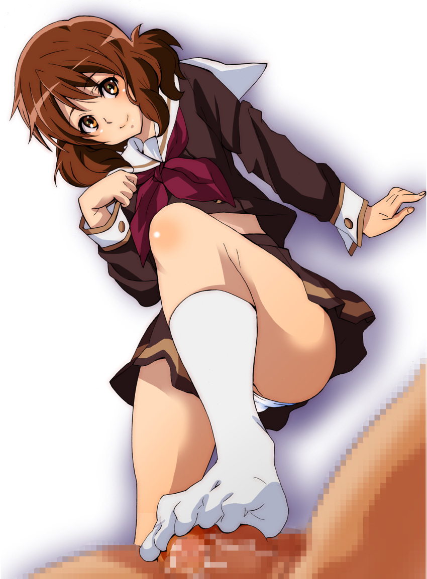 brown_eyes brown_hair censored clothing female femdom footjob hibike!_euphonium highres looking_at_viewer oumae_kumiko panties penis ponpon school_uniform short_hair skirt wavy_hair