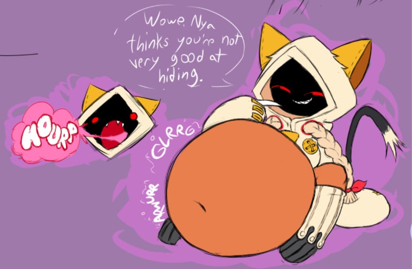 1girls big_belly blazblue burp burping catgirl cheeze_burgr dark-skinned_female dark_skin fecharis feline female kaka_(blazblue) mask masked masked_female onomatopoeia taokaka vore vore_belly