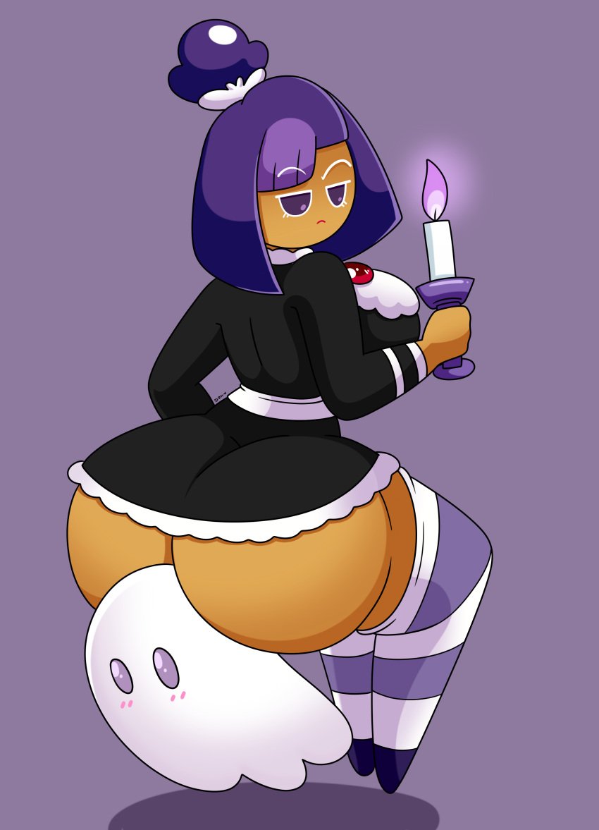 1girls 2022 ass blackberry_cookie blush breasts candle clothing cookie_run daisy-pink71 dark-skinned_female dark_skin female ghost hair_bun huge_ass looking_at_viewer looking_back purple_background purple_eyes purple_hair short_hair solo stockings
