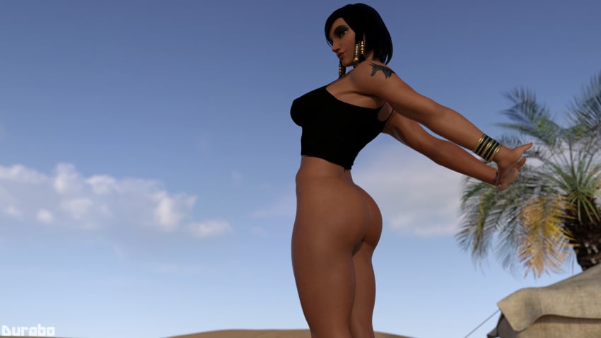 1girls 3d ass black_hair black_tank_top bottomless bottomless_female brown-skinned_female brown_skin durabo female overwatch pharah shoulder_tattoo solo tank_top tattoo