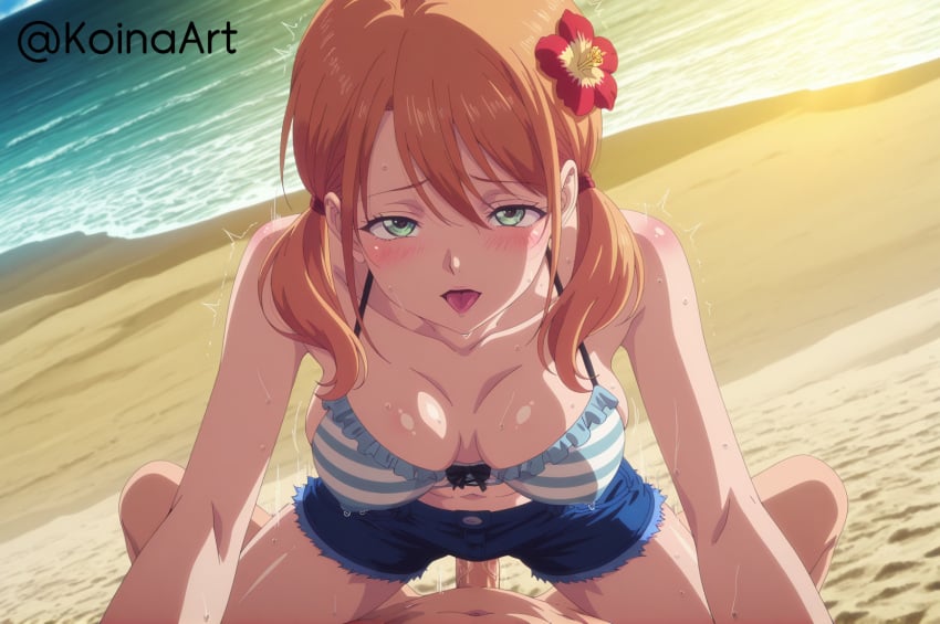 ahe_gao ai_generated anal anal_sex bikini bikini_top breasts female green_eyes huge_breasts koinaart megami_no_kafeterasu orange_hair patreon penetration penis perky_breasts sex short_shorts shorts stable_diffusion striped_bikini thick_thighs tongue tongue_out tsukishima_riho