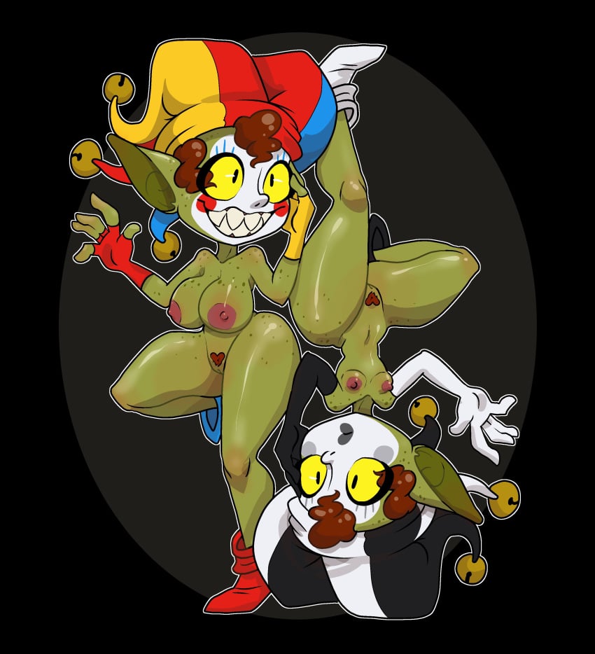 2girls bonnytoad clown clown_girl clown_makeup clussy female goblin goblin_female green_skin makeup mime mime_girl monster monster_girl pussy shortstack