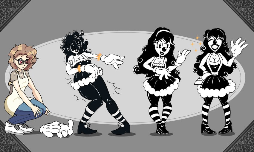 apron black_hair blue_pants brown_hair clown clown_girl clownification cursed_item dark_hair female forced_transformation glasses gloves grey-skinned_female hair hair_growth jeans jobichie light-skinned_male light_skin male short_hair smile tagme toonification transformation