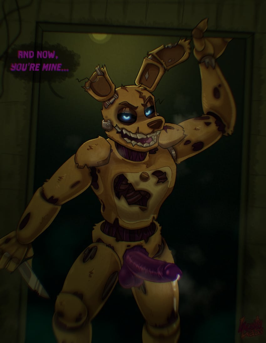 animal_humanoid animatronic anthro balls big_penis bodily_fluids erection five_nights_at_freddy's five_nights_at_freddy's_3 genital_fluids genitals glowing glowing_eyes hi_res humanoid in_doorway knife lagomorph lagomorph_humanoid leaking_precum looking_at_viewer machine male mammal mammal_humanoid nude_male penis pinup pose precum purple_penis rib_cage robot robot_humanoid scottgames skeletal smile smiling_at_viewer solo speech_bubble springtrap_(fnaf) tw1nkd3m0n undead