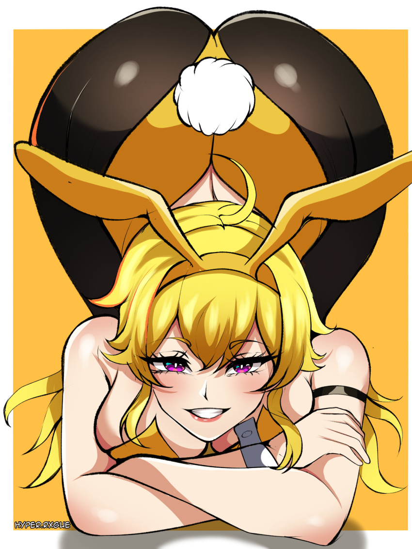 1girls ass ass_focus blonde_female blonde_hair bunny_ears bunny_tail bunnysuit female hyperrxgue long_hair long_hair_female purple_eyes rwby solo_female yang_xiao_long