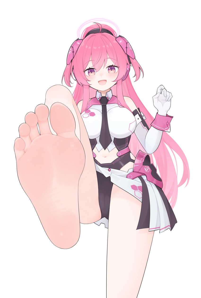 :d absurdres ahoge bare_shoulders barefoot bemani black_necktie black_panties breasts cameltoe collared_shirt commission elbow_gloves feet female foot_focus foot_up foreshortening gloves hair_between_eyes hair_ornament hand_up highres impossible_clothes large_breasts long_hair looking_at_viewer necktie open_mouth panties pink_eyes pink_hair pink_wrist_cuffs pixiv_commission pleated_skirt rasis shirt sidelocks skirt smile soles solo sound_voltex thighs toes underwear very_long_hair white_gloves wl217_(nicexa111) wrist_cuffs