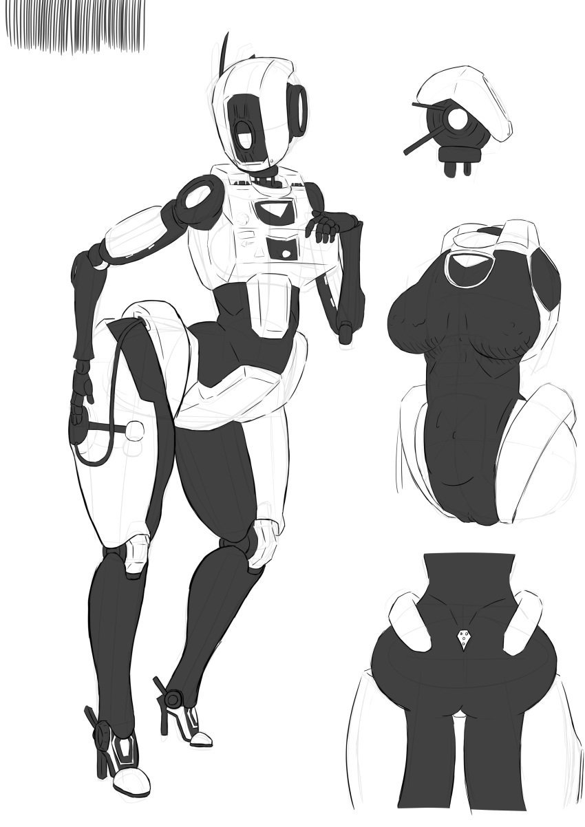 android ass ass_focus black_body black_skin breasts dark-skinned_female dark_skin glados glados_(humanoid) high_heels huge_breasts monochrome nekojaanai nude nude_female portal_(series) portal_2 robot robot_girl robot_humanoid sketch torso torso_shot