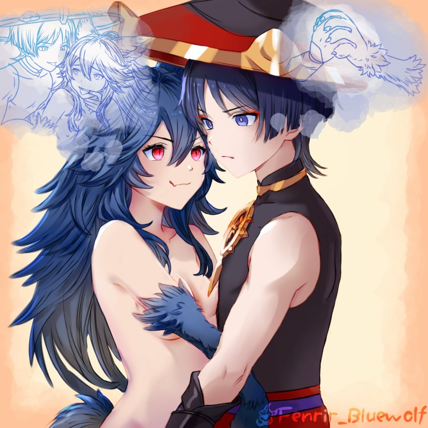 animal_ears blue_hair breasts censored completely_nude female fenrir_(shingeki_no_bahamut) fenrir_chan genshin_impact granblue_fantasy highres kimono long_hair mianimal_ear_fluff non-web_source nude purple_eyes purple_hair red_eyes scaramouche_(genshin_impact) small_breasts solo tail wanderer_(genshin_impact) wolf_ears wolf_girl wolf_paws wolf_tail