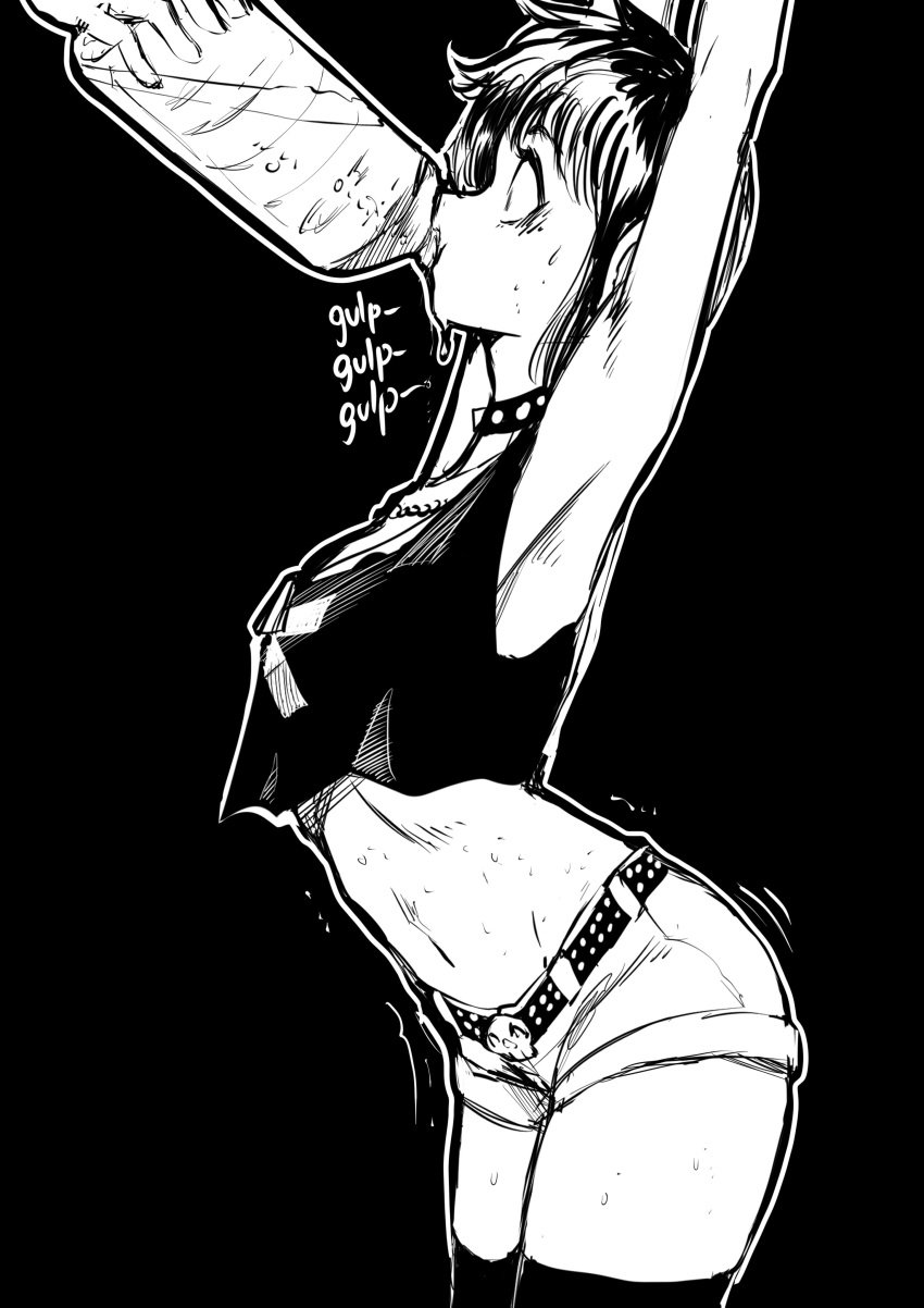 1girls 1other armpits arms_up belt biku black_hair black_thighhighs choker female force_drinking forced_drinking have_to_pee navel original restrained short_hair shorts spiked_choker sweat thighhighs wide_eyed zoe_(biku)