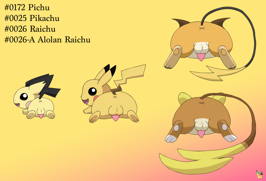 alolan_form alolan_raichu anus ass balls brown_body brown_fur english_text feral fur generation_1_pokemon generation_2_pokemon generation_7_pokemon genitals gradient_background group hi_res looking_at_viewer looking_back looking_back_at_viewer lying male male_feral nintendo on_front orange_body orange_fur paws penis pichu pichu90 pikachu pokemon pokemon_(species) raichu regional_form_(pokemon) simple_background tapering_penis text x_anus yellow_body yellow_fur