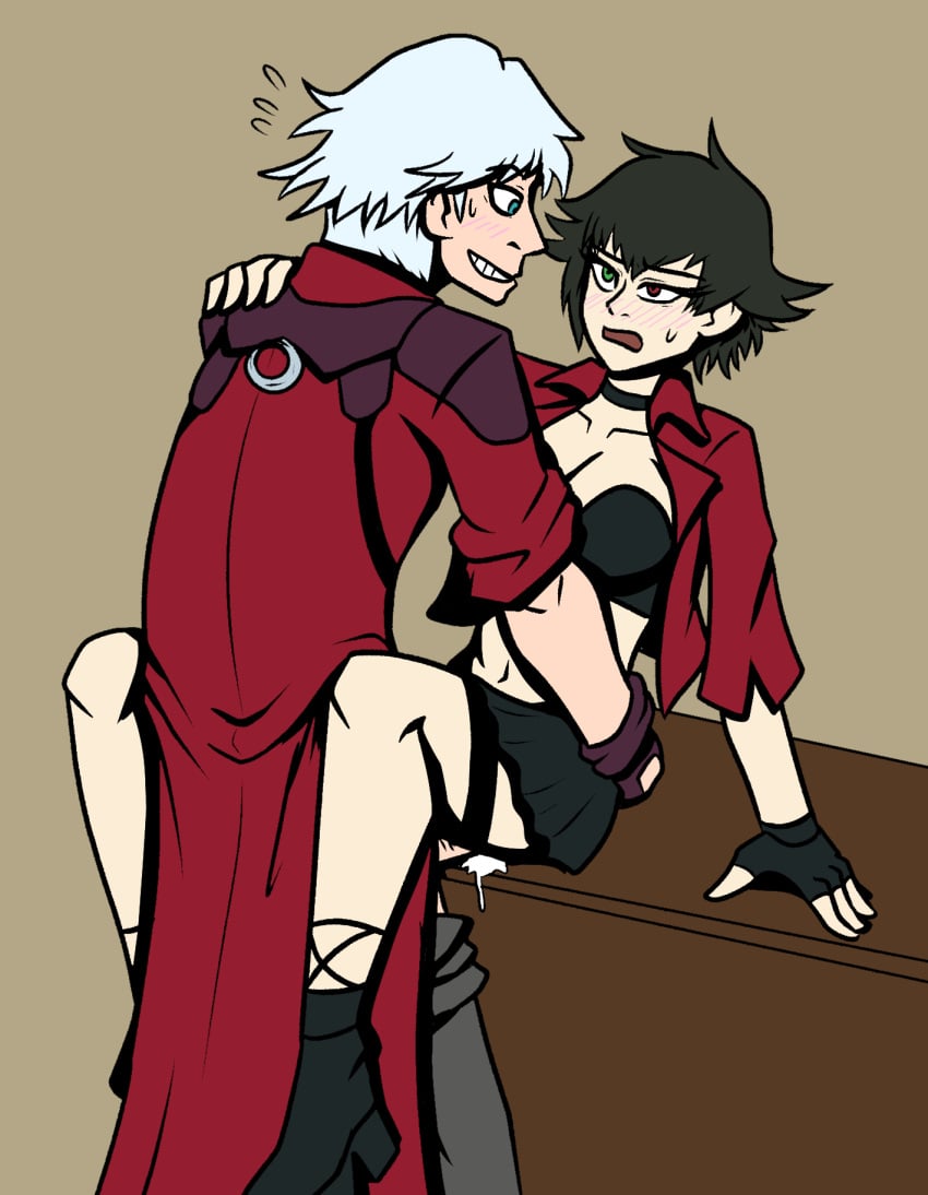 1boy1girl awkward_smile bakaiju blush cosplay cum cum_in_pussy cum_inside d dante_(devil_may_cry) devil_may_cry devil_may_cry_(netflix) embarrassed hate_sex lady_(devil_may_cry) male missionary_position on_table vaginal_penetration vaginal_sex