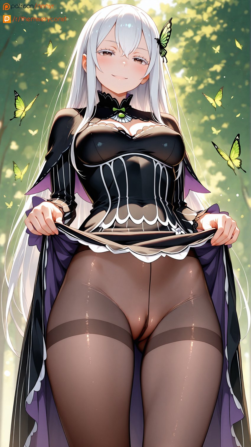 1girls ai_generated black_dress brown_eyes dress dress_lift echidna_(re:zero) female half-closed_eyes horny horny_female lifted_by_self long_hair medium_breasts nnnyr re:zero_kara_hajimeru_isekai_seikatsu smiling smiling_at_viewer solo solo_female solo_focus stable_diffusion stockings thick_eyelashes thick_thighs tights white_hair