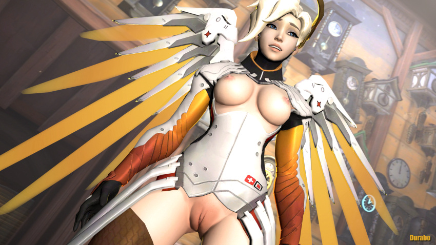 1girls 3d blonde_hair breasts breasts_out durabo female mechanical_wings mercy no_panties overwatch pussy solo wings