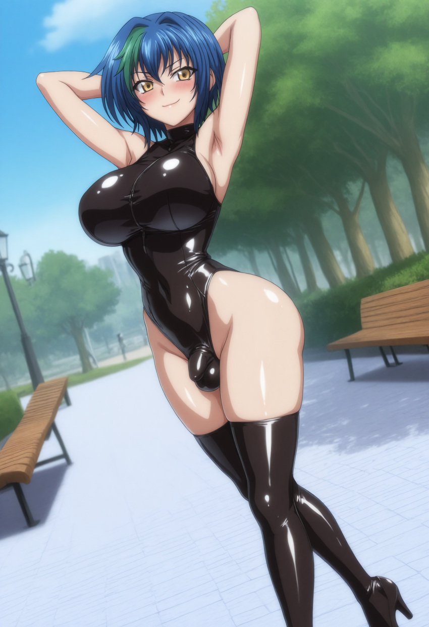 ai_generated armpits balls big_ass big_breasts breasts futa_focus futanari hands_up high_school_dxd intersex kikia1 large_breasts latex latex_clothing latex_suit legs_crossed legwear leotard penis penis_bulge short_hair skindentation standing swimsuit testicles wide_hips xenovia_quarta