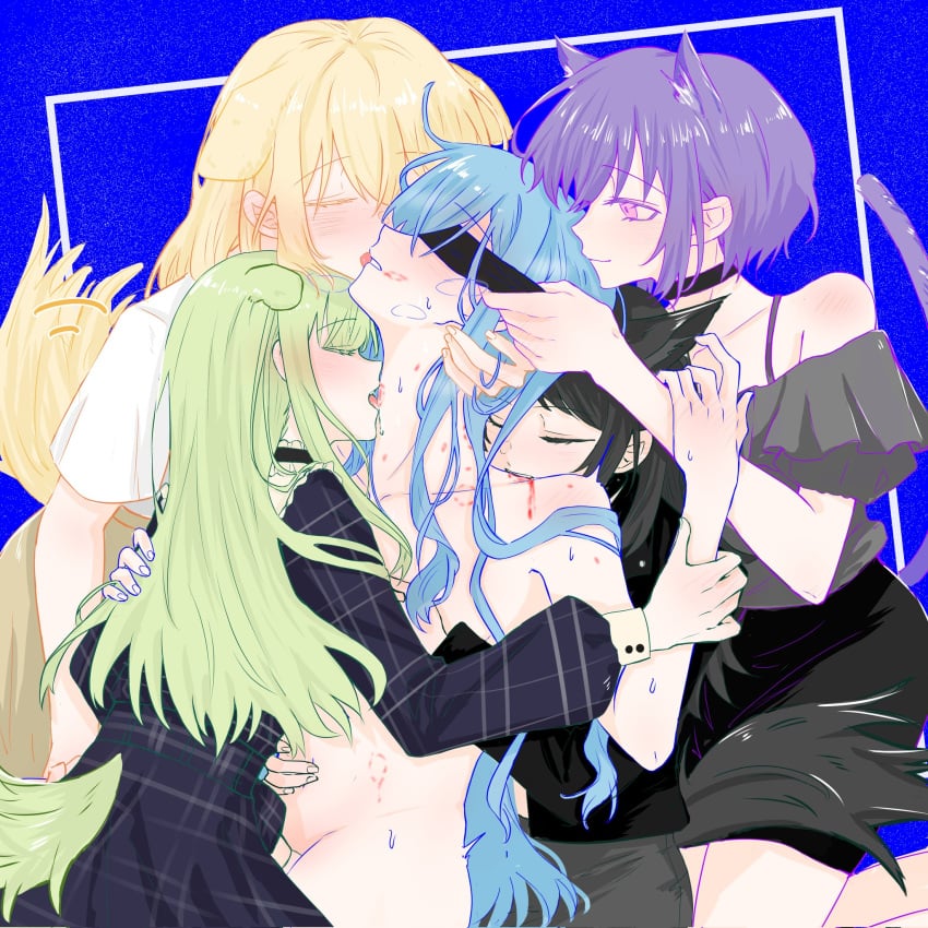 5girls animal_ears anshashuw ave_mujica_(bang_dream!) bang_dream! bang_dream!_it&#039;s_mygo!!!!! bare_shoulders bite_mark bite_mark_on_face bite_mark_on_neck bite_mark_on_shoulder bite_mark_on_stomach biting_shoulder black_choker black_hair black_jacket black_skirt blindfold blonde_hair blue_background blue_dress blue_hair blush breath cat_ears cat_girl cat_tail choker closed_eyes closed_mouth dog_ears dog_girl dog_tail dress female fingering frilled_choker frills grabbing_another&#039;s_breast grabbing_from_behind green_hair grey_shirt grey_skirt groping group_sex hand_on_another&#039;s_waist harem highres holding_another&#039;s_wrist jacket kemonomimi_mode licking licking_another&#039;s_face licking_another&#039;s_lips long_hair long_sleeves misumi_uika multiple_girls off-shoulder_shirt off_shoulder pink_eyes plaid_clothes plaid_dress purple_hair shirt short_hair short_sleeves skirt smile sweat tail togawa_sakiko wakaba_mutsumi white_shirt wolf_ears wolf_girl wolf_tail yahata_umiri yellow_skirt yuri yuutenji_nyamu