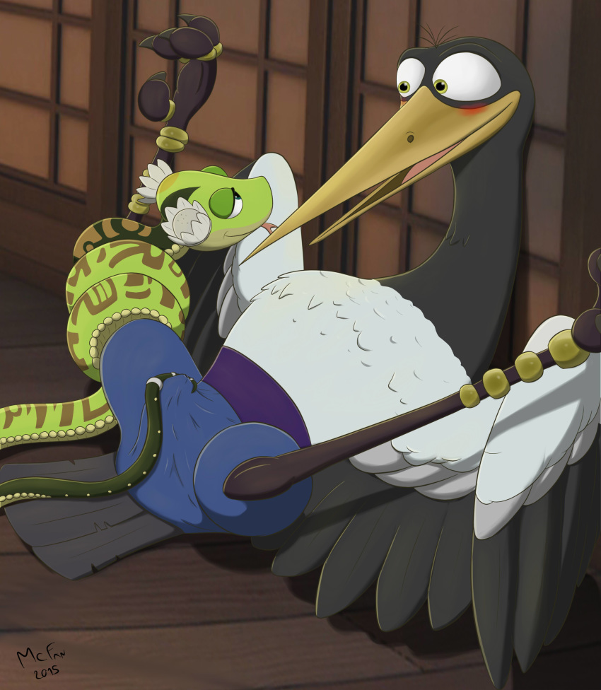 2015 avian beak bird blush clothing coiling crane eye_contact inside kung_fu_panda legs_up long_neck lying master_crane master_viper mcfan on_back pants reclining reptile scalie signature snake spread_legs spreading teasing tenting tongue tongue_out