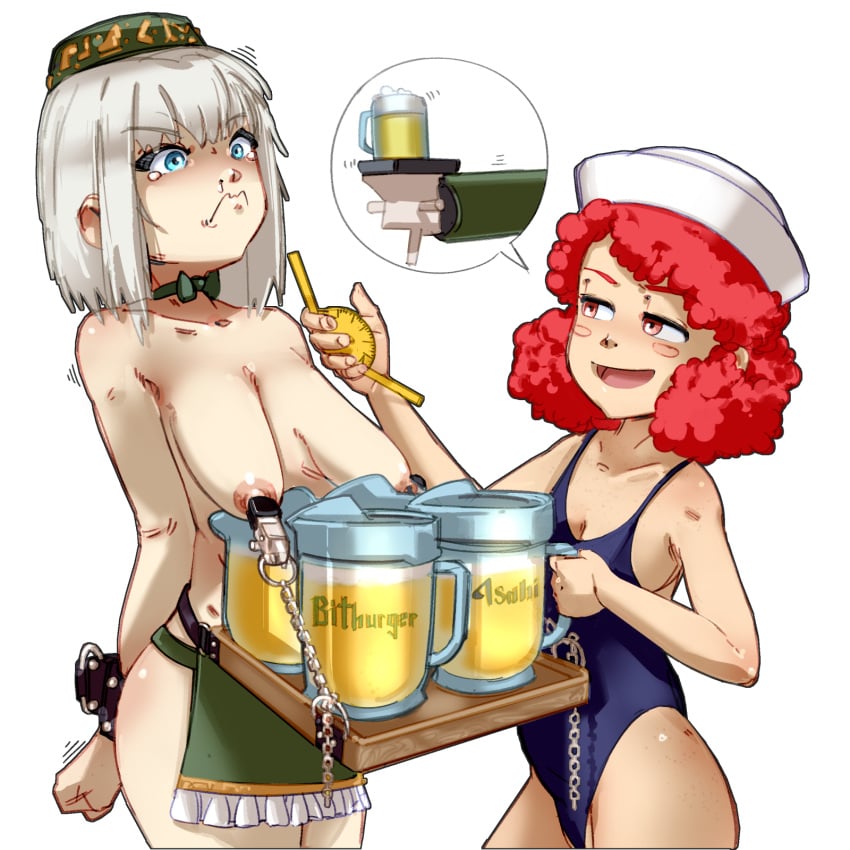 2025 beer blue_eyes crying_with_eyes_open girls_und_panzer hands_behind_back itsumi_erika nipple_piercing nipple_torture nipple_tray red_eyes red_hair rum_(girls_und_panzer) skirt swimsuit tagme toorops topless topless_female waitress white_hair