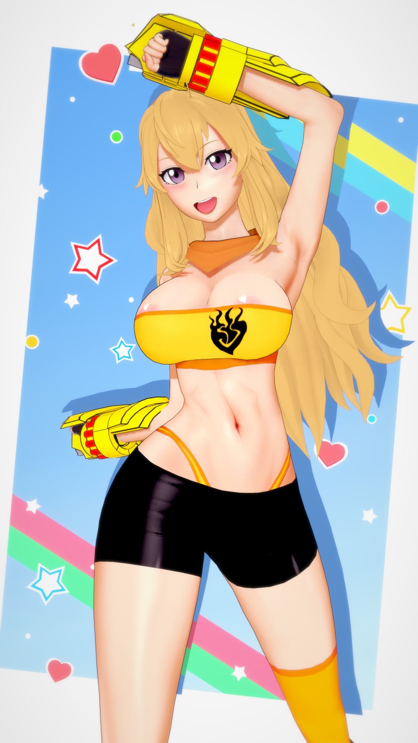 1girls 3d arm_up armpits big_breasts bike_shorts blonde_female blonde_hair breasts busty cleavage female kaoskatsu large_breasts legs long_hair long_hair_female looking_at_viewer midriff navel nipple_slip panties purple_eyes rwby sensual short_shorts smile solo_female tank_top thighs thong toned voluptuous whale_tail yang_xiao_long